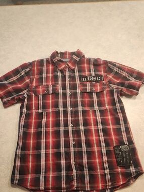 Harley-Davidson Red and Black Plaid Short-Sleeve Button-Down Shirt